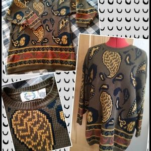 Vtg 90s paisley pullover brown Sweater L Paris Sport Club Earthy Colors